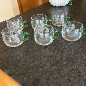 6 Etched Glass Punch Cups Green Applied Handles